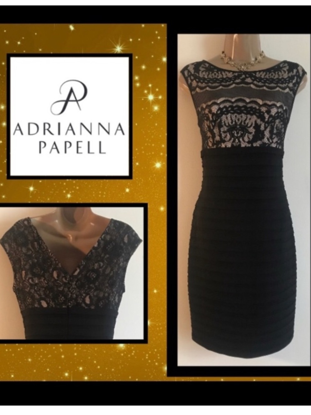 Adrianna Papell Black Lace Midi Sheath Dress